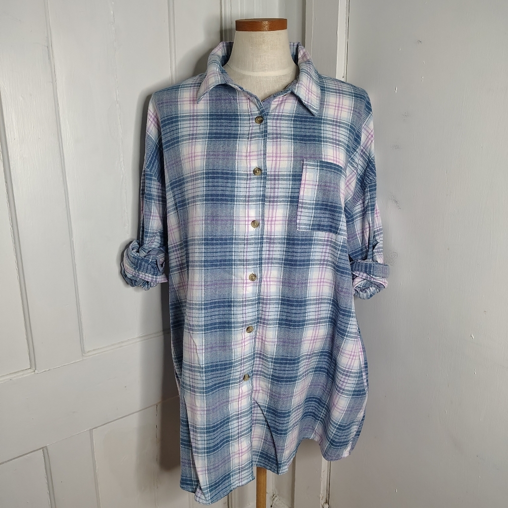 NWT Aeropostale Blue Plaid Flannel Button Down Shirt Relaxed Fit Women's Size L